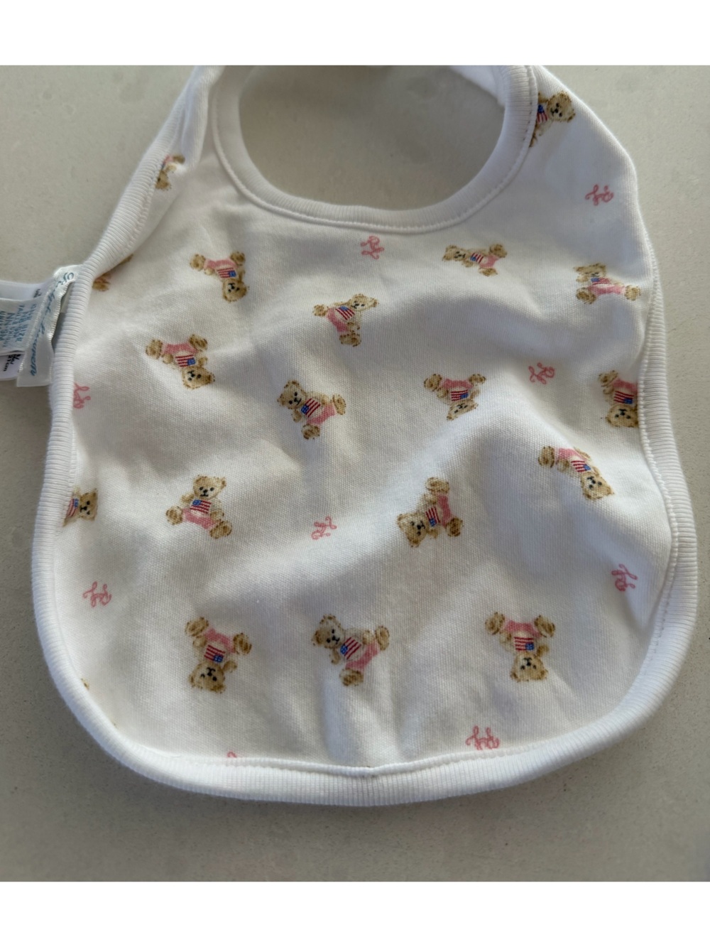 Ralph Lauren White Bib with Pink-Accented Teddy Bear Print